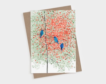 May include: A rectangular greeting card featuring a watercolor illustration of three bright blue birds perched on thin dark branches amidst a dense canopy of small, square-shaped green and coral-red leaves on a white background.