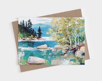 Tarjeta de felicitación del lago Tahoe - Paisaje moderno impresionista turquesa - Tarjetas plegables en blanco