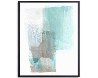 Aqua Blue Green and Brown Contemporary Abstract Watercolor Painting Print, Modern Minimalist Wall Art, Fine Art Paper or Canvas