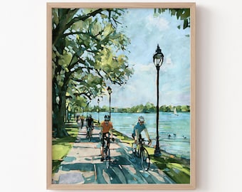 Lámina artística en acuarela del sendero para bicicletas del lago Minneapolis, decoración de pared de la cadena de lagos