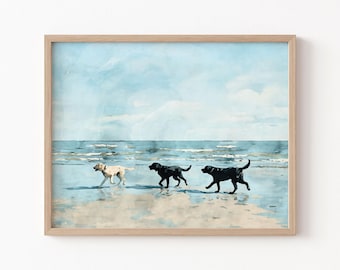 Labradores en la playa - Impresión artística de acuarela de perros costeros