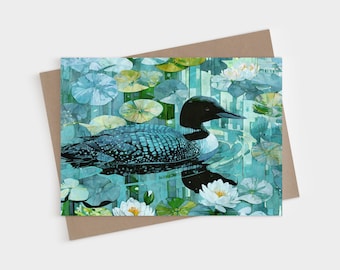 Loon and Water Lily Blank Folded Horizontal Note Card, Teal Blue Bird Watercolor Stationery