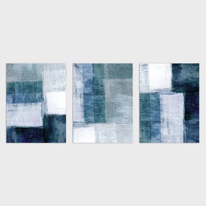Set di 3 stampe di dipinti astratti geometrici moderni grigio blu - Carta o tela - Incorniciati o senza cornice