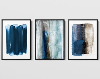 Set of 3 Indigo Blue Modern Minimalist Abstract Painting Prints - Paper or Canvas - Framed or Unframed