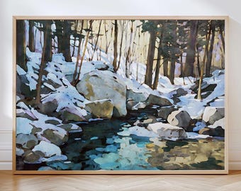 Winter Forest Stream Watercolor Print - Snowy Landscape Wall Art in Blue and Earthy Greens