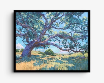 May include: A framed landscape painting featuring a large, sprawling oak tree with textured bark in shades of blue and purple, set against a golden grassy field under a bright blue sky with visible brushstrokes throughout the entire composition.