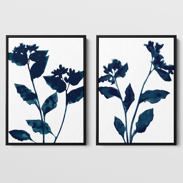 Set of 2 Navy Blue Flower Silhouette Indigo Botanical Prints - Paper or Canvas - Framed or Unframed