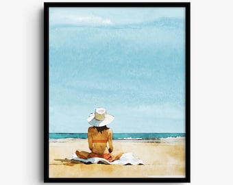 Donna seduta sulla spiaggia - Stampa artistica ad acquerello di un paesaggio costiero