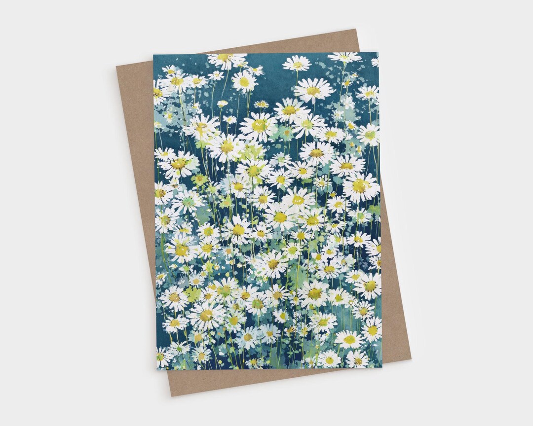 Watercolor Chamomile Daisy Blank Folded Note Cards - Blue & White ...