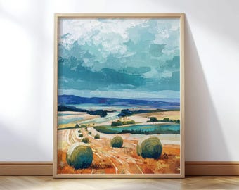 Stormy Farmland Art Print - Teal Sky Landscape with Hay Bales and Golden Fields