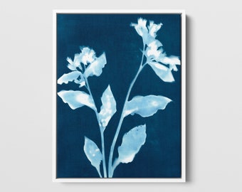 Indigo Blue Botanical Cyanotype Reproduction, Navy Flower Silhouette Wall Art Print - Paper or Canvas