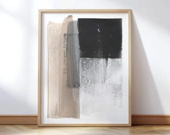 Beige and Charcoal Abstract Wall Art - Minimalist Colorblock Painting Print