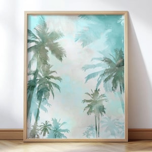 Aqua Blue and Green Palm Trees Coastal Watercolor Painting Print