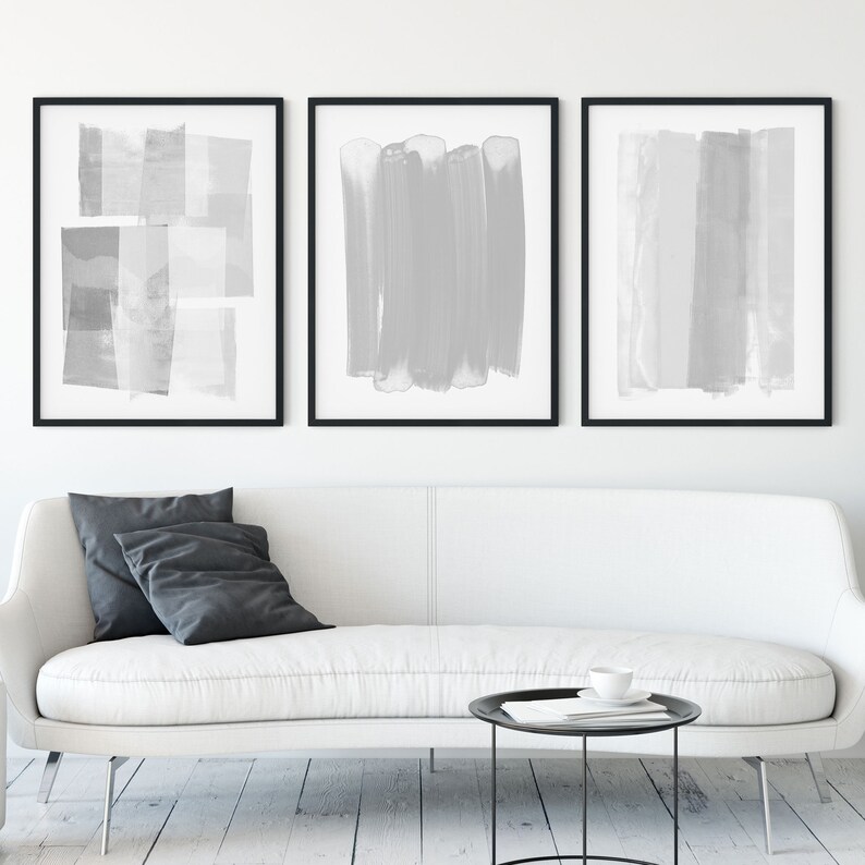 Fine Art Paper or Canvas Modern Minimalist Wall Art Grey /& White Contemporary Abstract Painting Set of 3 Prints