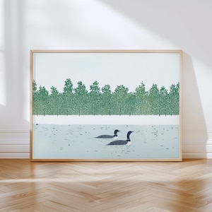 Loons on a Lake Art Print - Minimalist Nature Illustration - Forest and Water Scene