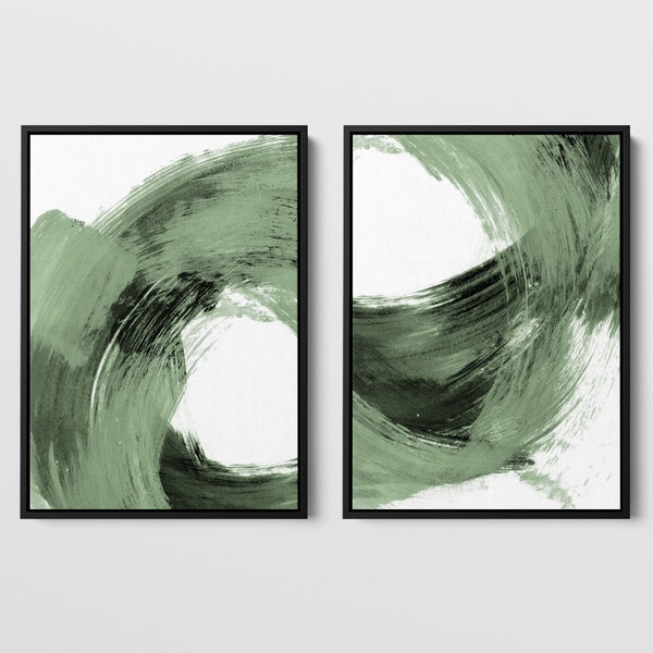 Sage Green and Black Set of 2 Modern Minimalist Abstract Brush Stroke Painting Wall Art Prints - Paper or Canvas - Framed or Unframed