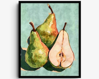 Natura morta con pera verde, stampa artistica ad acquerello per la decorazione della cucina.