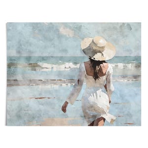 Stampa acquerello "Donna in bianco sulla spiaggia" - Carta o tela - Con cornice o senza cornice