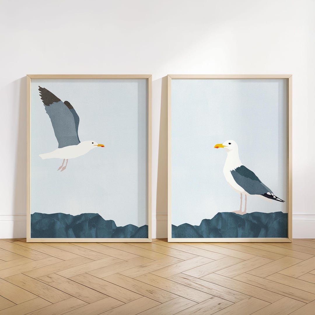 Coastal Seagull Wall Art - Blue and Gray Nautical Bird Illustration Set ...