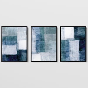Blue Grey Modern Geometric Abstract Painting Set of 3 Prints in black frames