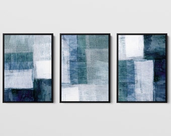 Blue Grey Modern Geometric Abstract Painting Set of 3 Prints - Paper - Canvas - Digital Download