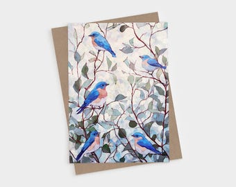 May include: A rectangular greeting card featuring a watercolor illustration of five bluebirds with bright blue feathers and orange chests perched among thin, dark brown branches with light green and grey leaves against a pale background.