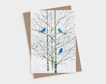 Winter Bluebirds in Birch Trees Blank Folded Note Cards - Minimalist Nature Greeting Card