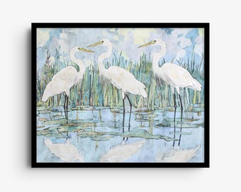 Illustrazione ad acquerello di un trio di garzette in palude - Stampa artistica impressionista di uccelli trampolieri in zone umide