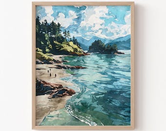Lámina de acuarela de la costa de Vancouver - Arte playero del noroeste del Pacífico en azul verdoso y verde