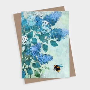 Lilacs and Bumblebee Botanical Blank Folded Note Cards, Watercolor Wildflower Garden Illustration