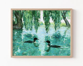 Lámina artística "Dos colimbos bajo sauces en un lago", decoración de pared con acuarela azul y verde inspirada en la naturaleza.