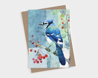 Tarjeta de felicitación plegable en blanco con arrendajo azul y bayas rojas - Tarjeta de felicitación con aves de invierno