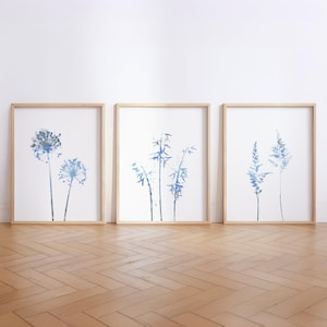Blue Minimalist Wildflower Set of 3 Modern Botanical Prints