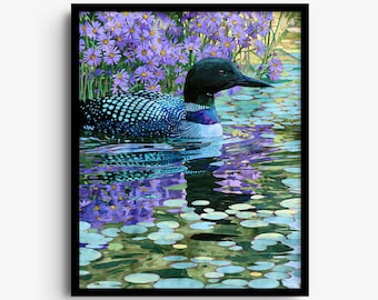 Stampa artistica di un'uria con astri viola, lago botanico turchese e lavanda, realizzata con acquerello.