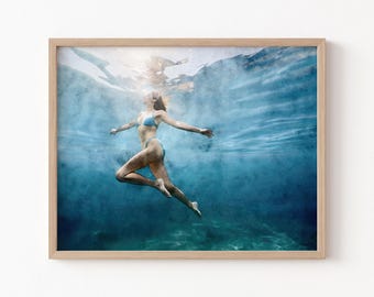 Woman Swimming Underwater, Rising to the Surface, Blue Watercolor Painting Print