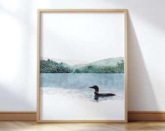 Common Loon Art Print - Minimalist Lake Wildlife - Blue Green Nature Illustration