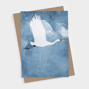 Flying Egret - Wings Up - Blank Folded Note Cards - Minimalist Bird Illustration Stationery
