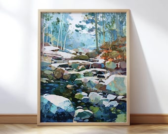 Autumn Creek Early Snowfall Forest Art Print - Blue and Orange Rocky Stream Landscape