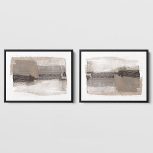 Set of 2 Beige and Grey Modern Minimalist Horizontal Abstract Painting Prints - Paper or Canvas - Framed or Unframed