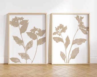 Beige Botanical Silhouette Art Print Set of 2 - Modern Minimalist Neutral Floral Decor