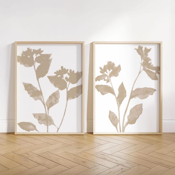 Beige Botanical Silhouette Art Print Set of 2 - Modern Minimalist Neutral Floral Decor