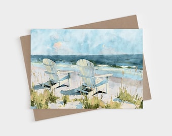 Tarjetas de notas plegables en blanco con acuarela de silla Adirondack costera azul