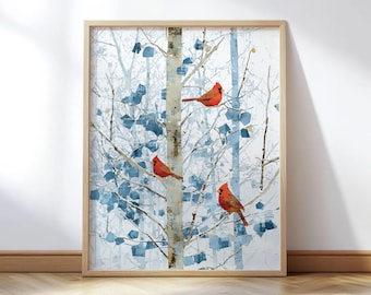Winter Cardinals in Aspen Trees Art Print - Red Bird Nature Watercolor Wall Art