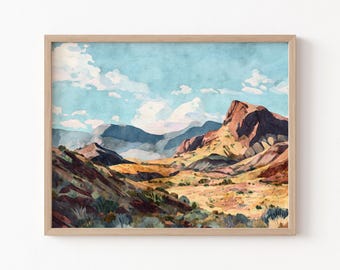 Big Bend Desert Landscape Watercolor Print - Southwest Mountain Wall Art