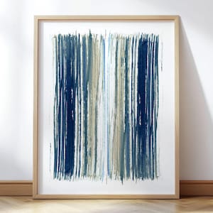 Indigo Blue and Beige Stripes Modern Minimalist Abstract Watercolor Painting Print - Paper or Canvas - Framed or Unframed