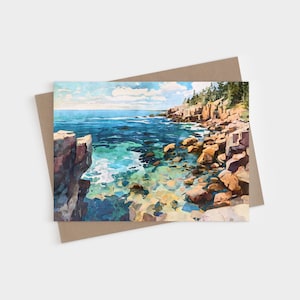 Acadia National Park Greeting Card - Rocky Maine Coast Watercolor Blank Folded Note Cards