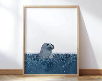 Harbor Seal Watercolor Print - Blue and White Minimalist Ocean Animal Wall Art