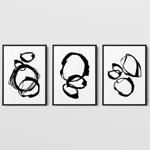 Black and White Rings Modern Minimalist Set of 3 Abstract Ink Painting Prints - Paper or Canvas