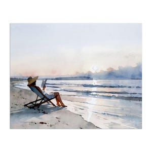 Lettura in spiaggia al tramonto - Stampa artistica ad acquerello - Carta o tela - Con cornice o senza cornice