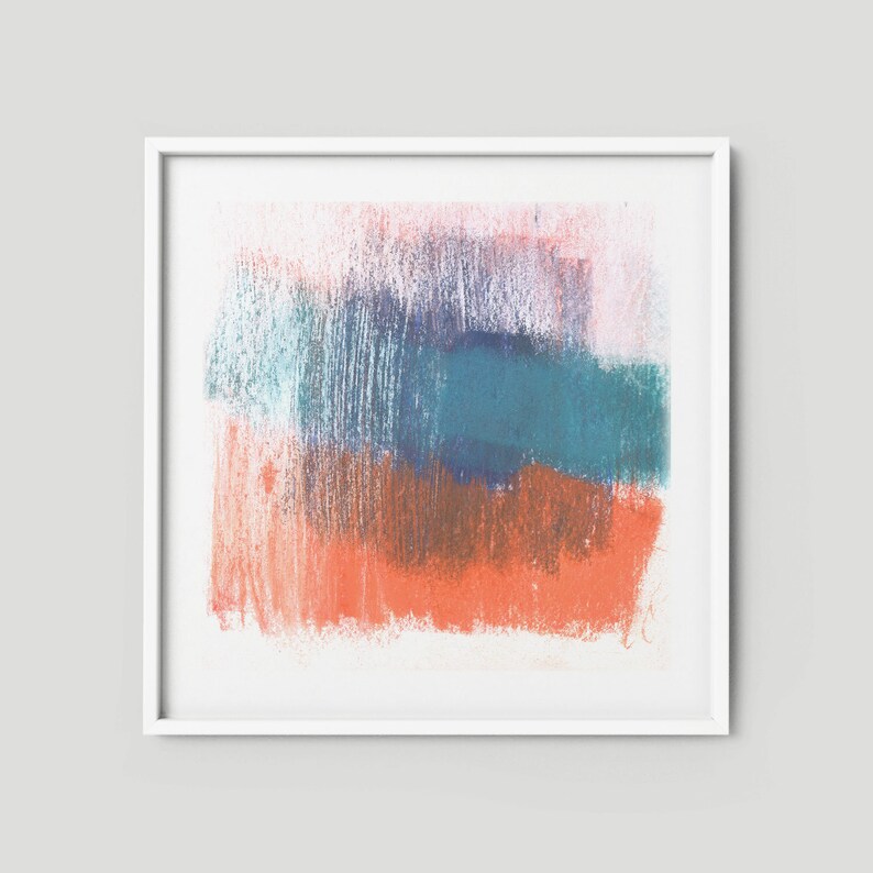 Mid Century Modern Wall Art Blue And Orange Framed Square Abstract Minimalist Print Mod Decor